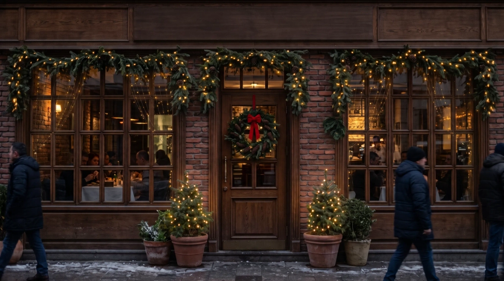 Restoran girişinde LED saçak ve ışıklı fiyonk süslemesi